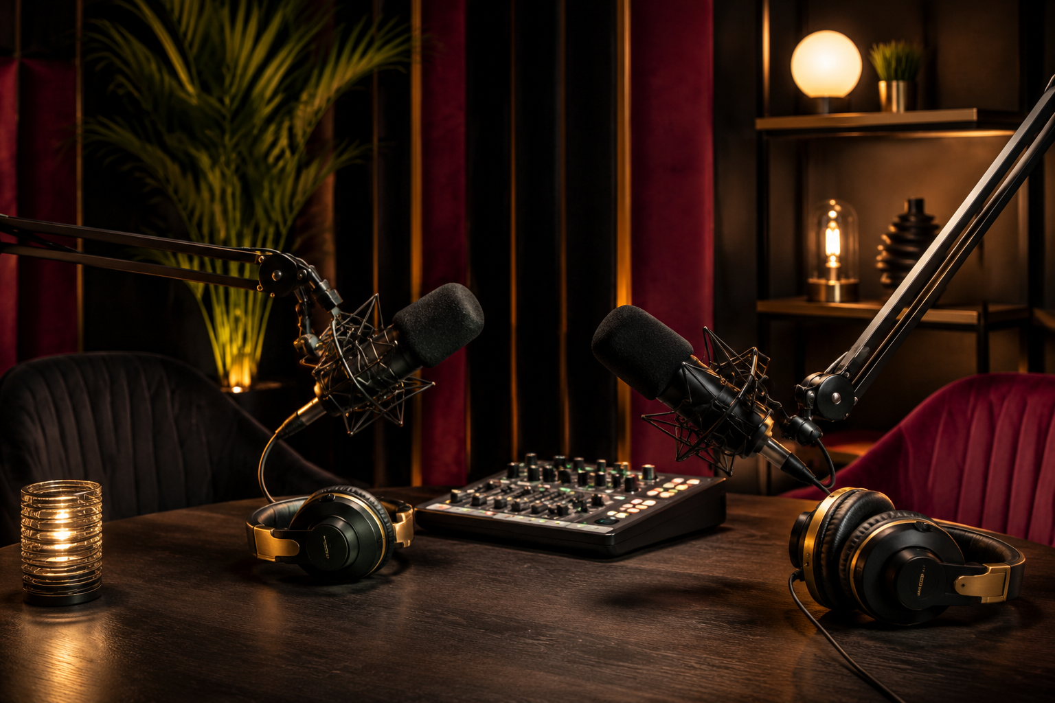 Professional podcast studio with microphones and recording equipment